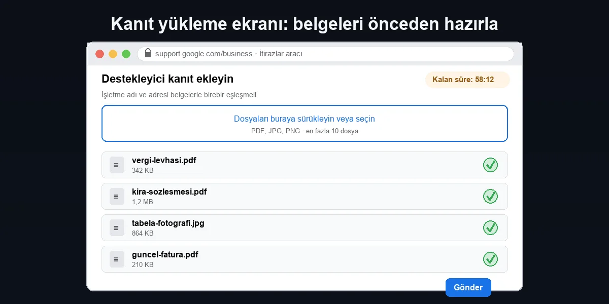 Google İşletme Profili itirazı için belge kontrol listesi: vergi levhası, kira sözleşmesi, fatura, tabela fotoğrafı, oda kaydı