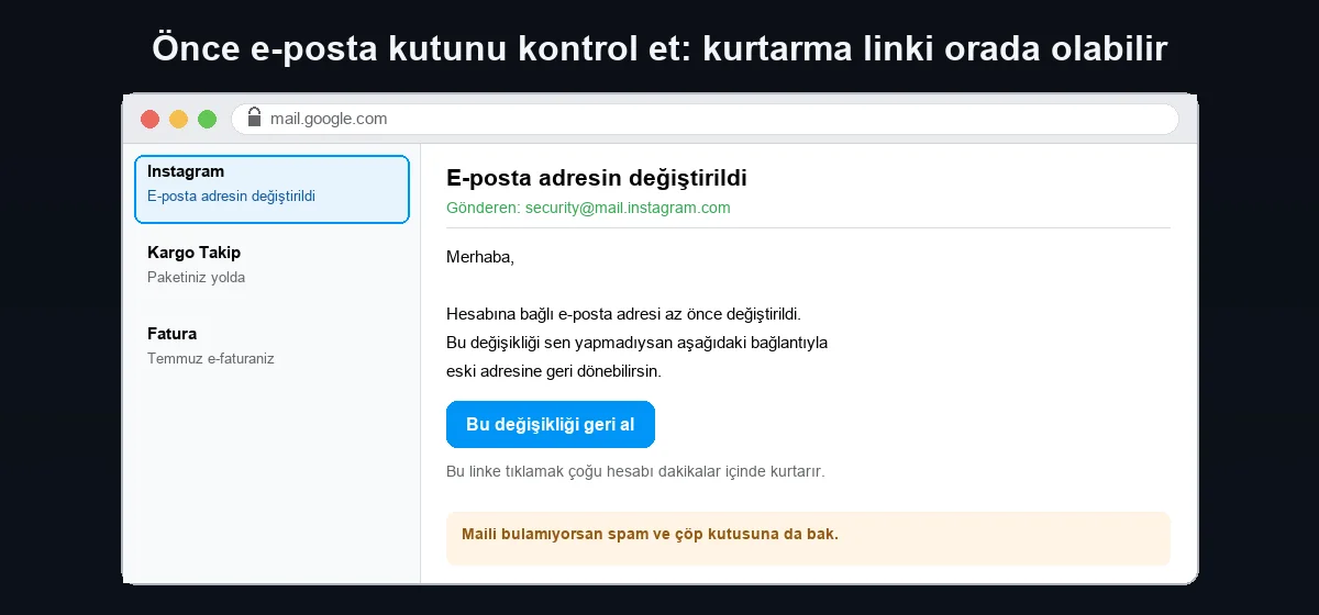 Instagram e-posta adresin değiştirildi maili ve bu değişikliği geri al butonu