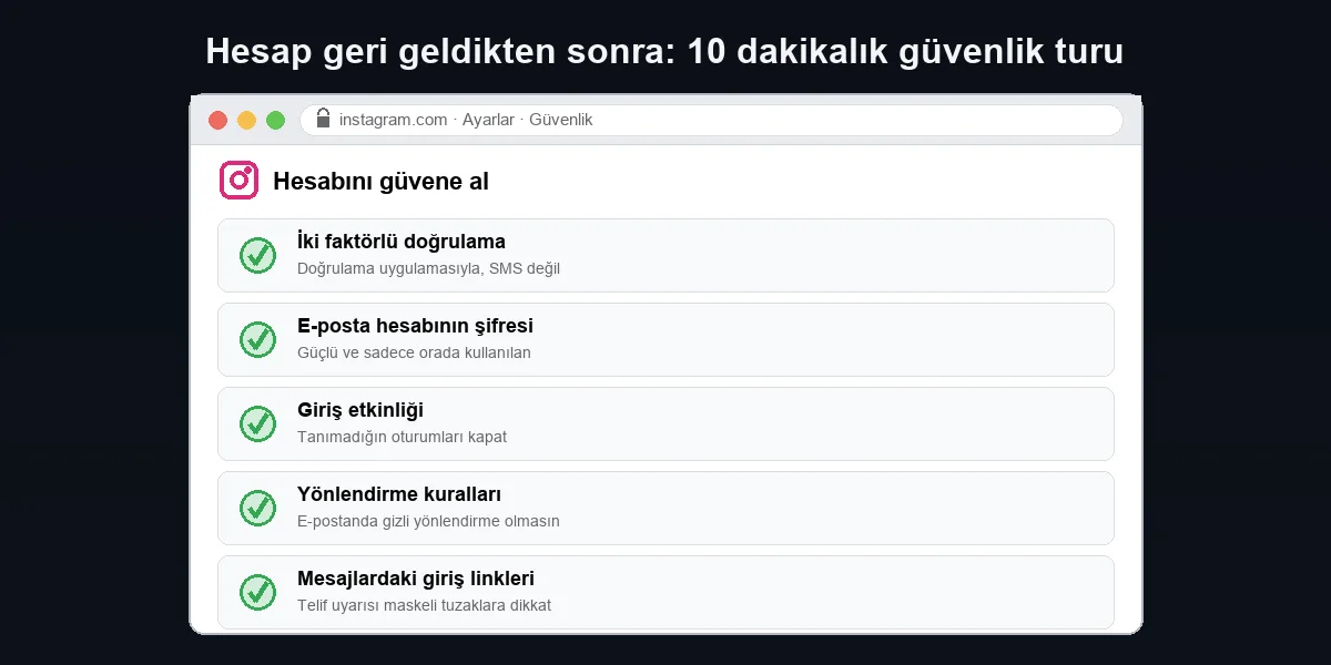 Instagram hesabını güvene alma kontrol listesi: iki faktörlü doğrulama, e-posta şifresi, giriş etkinliği