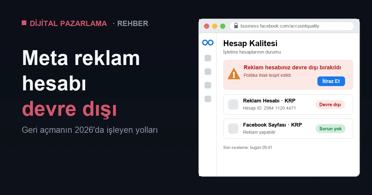 Meta Hesap Kalitesi sayfasında reklam hesabınız devre dışı bırakıldı uyarısı ve İtiraz Et butonu